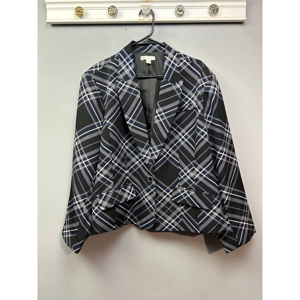 Cato Blazer Womens 22/24W Black Blue Plaid Single Button‎ Notched Lapel Lined